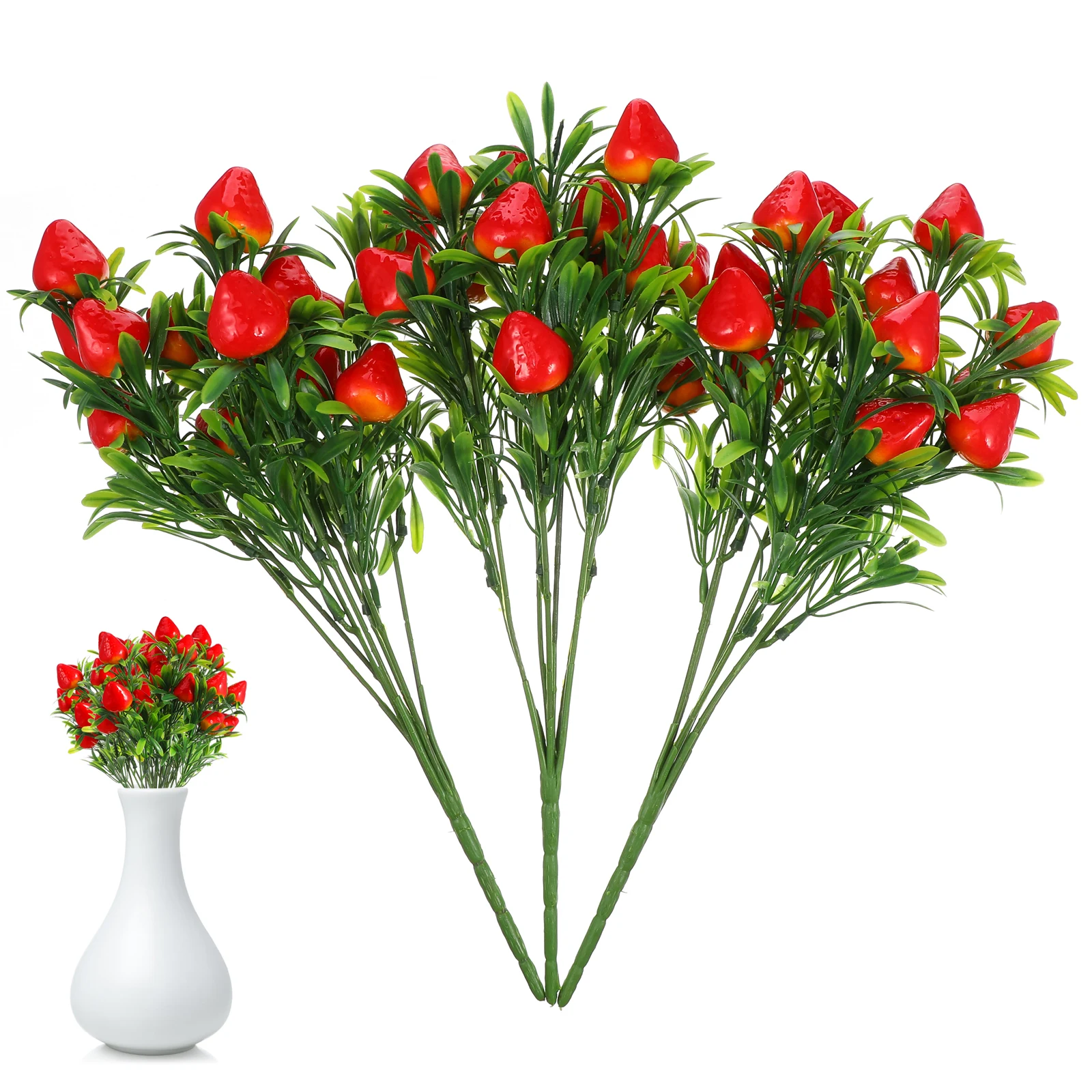 

3Pcs Artificial Strawberry Branches Bright Red Decor for Festival Party DIY Flower Arrangement Fake Strawberry Bunch Accessories