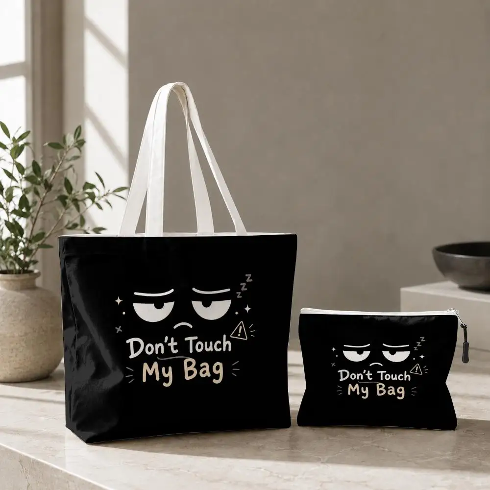Don't Touch My Bag Funny Face Storage Bags 2-Pcs Canvas Tote Bag with Zipper Reusable Tote Bags for Shopping Travel Work Gifts