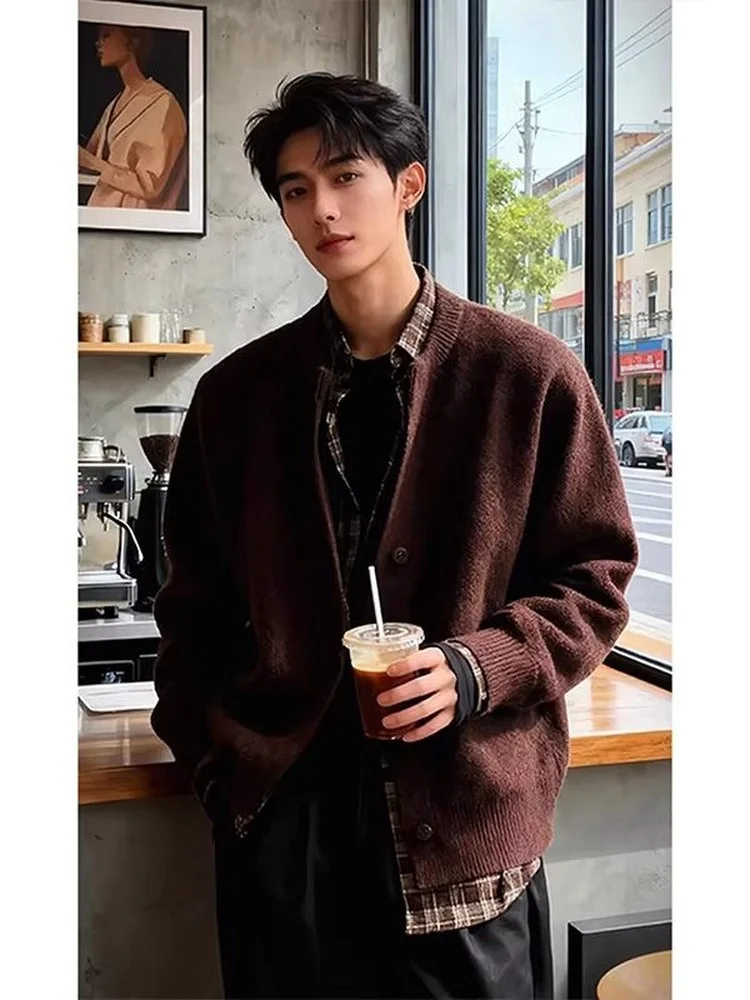 Casual Men's Knitted Sweater with Plaid Splicing Leisurely Style Long Sleeve Button up Coat for Autumn Winter Season