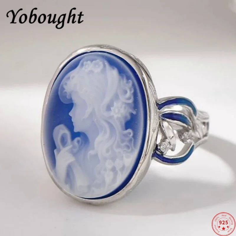 

S925 sterling silver rings for Women New Fashion blue agate white shell beautiful girl portrait enamel jewelry free shipping