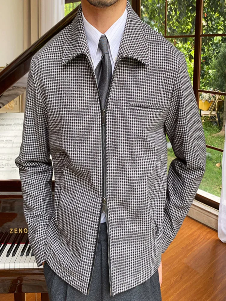 

High Quality Color Contrast Houndstooth Pattern Jacket Lapel Casual Zipper Coat Business Men Costume Homme Vintage