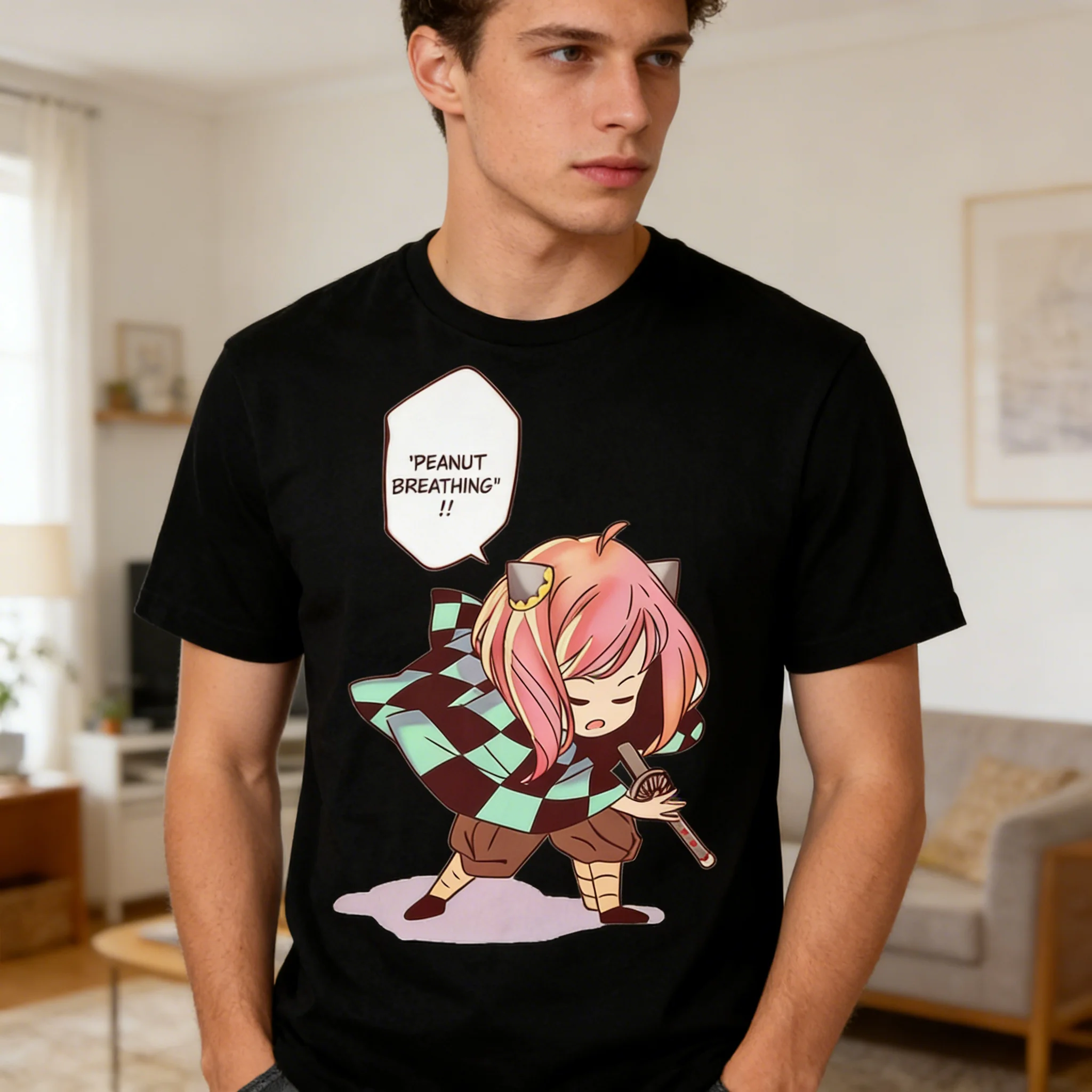 Camiseta de Anime Demon Slayer para Hombre, Diseño de Tanjiro Kamado, Algodón Negro, Estilo Casual Otaku para Uso Diario, Campus y Hogar