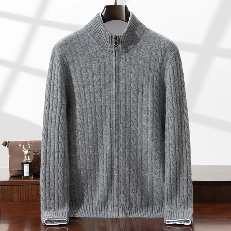 

CHICUU Autumn Winter Men's Thick Cable Knit Cardigan Coat 100% Cashmere Sweater Smart Casual Soft Warm Pure Cashmere Knitwear