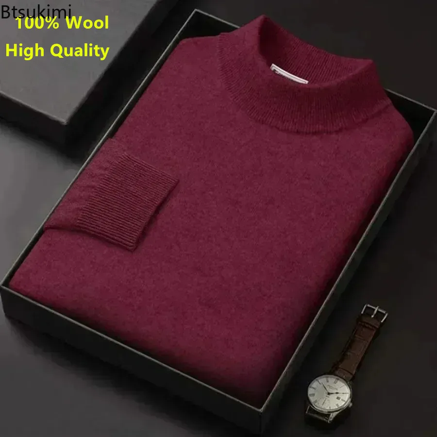 Sweater rajut hangat pria, atasan Sweater kasmir bisnis kasual kerah tiruan trendi 100%, Sweater wol murni 2024 untuk lelaki