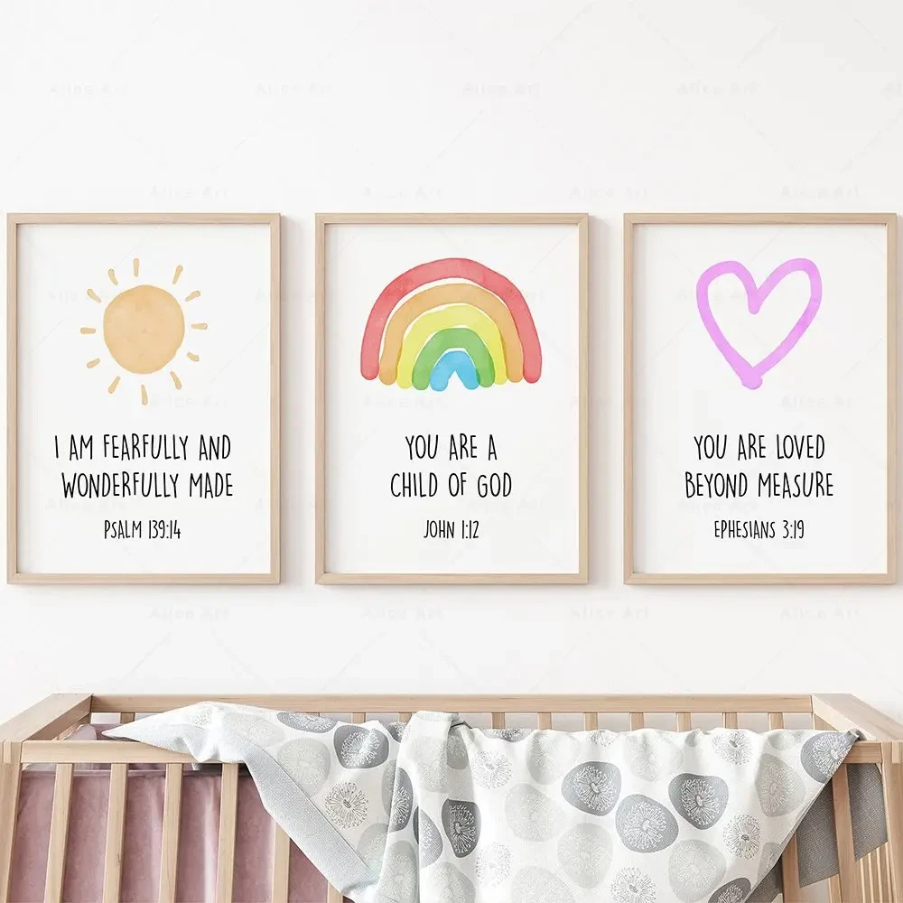 Wall Art Canvas Painting Picture Bible Verse Psalm 139:14 Christian Nursery Watercolor Sun Rainbow Prints Poster Kids Room Decor