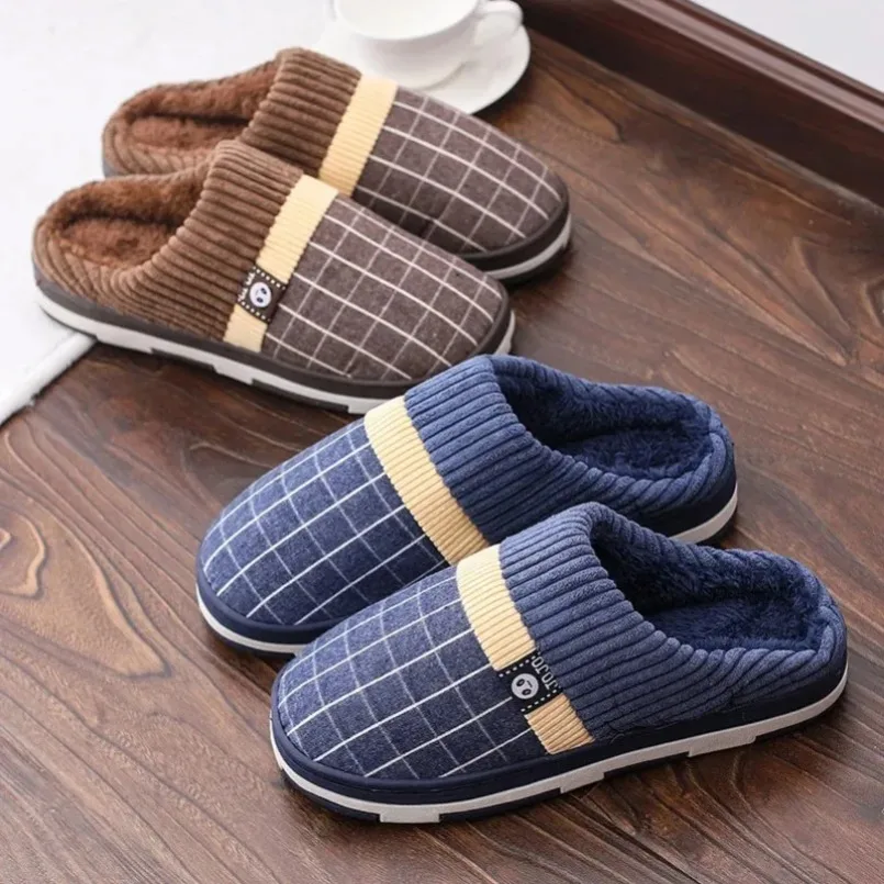 House Slipper Male Men Thermal Winter Warm Fuzzy Fur Contton Plush Non Slip Grip Indoor Lazy Home Shoe Flat Plus Large Size