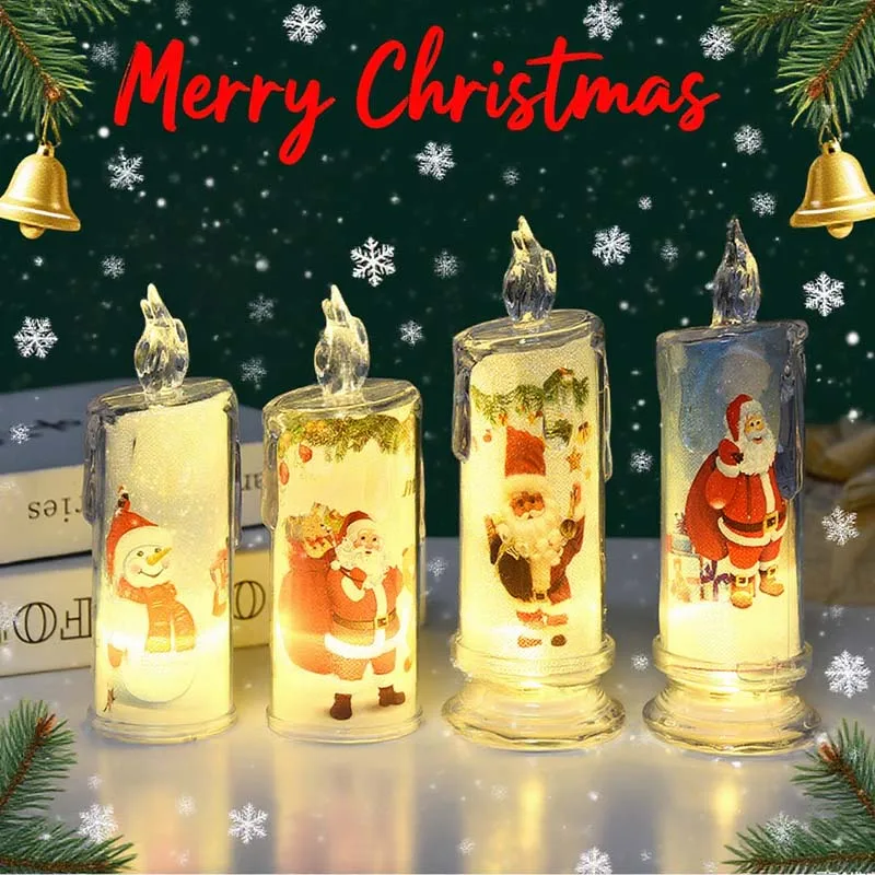 1-5PCS LED ตกแต่งคริสต์มาสเทียนอิเล็กทรอนิกส์ไร้เปลวไฟสมจริงหยดน้ำตาซานตาคลอสสโนว์แมนเครื่องประดับตกแต่งโต๊ะ