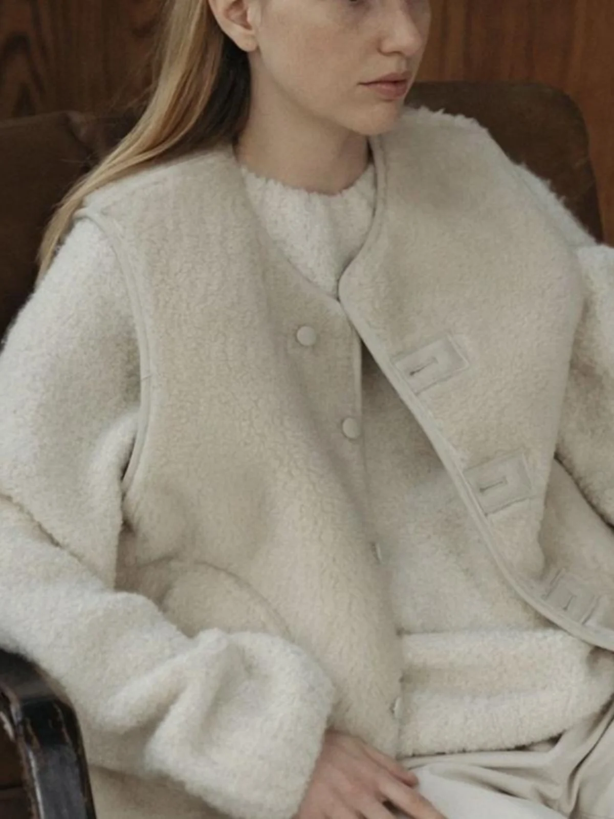 

Двусторонний свободный жилет из шерсти и меха для женщин, зимнее U-образное пальто с застежкой на одной пуговице для поездок на работу Sle Dkmesa