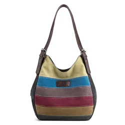 Large Capacity Tote Bag Women's Casual All Kinds Of Striped Color Contrast Shoulder Bag Multi-Space Canvas Hand Bag Women