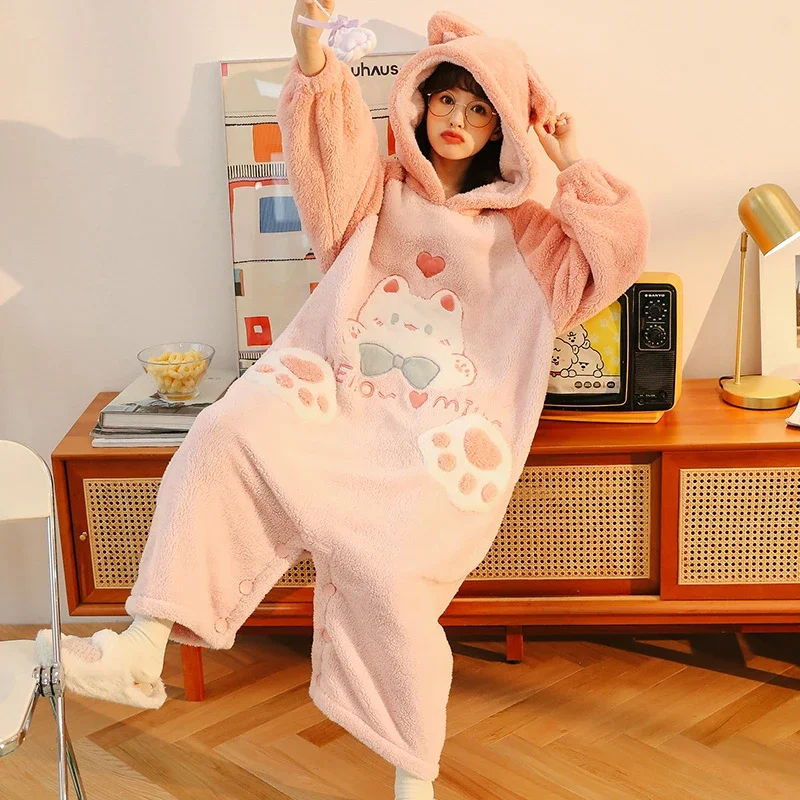 Kigurumis Adult Women Hoodies Pajamas Winter Thicken Sleepwear Cartoon Cat Anime Couples Jumpsuits Korean Loose Loungewear