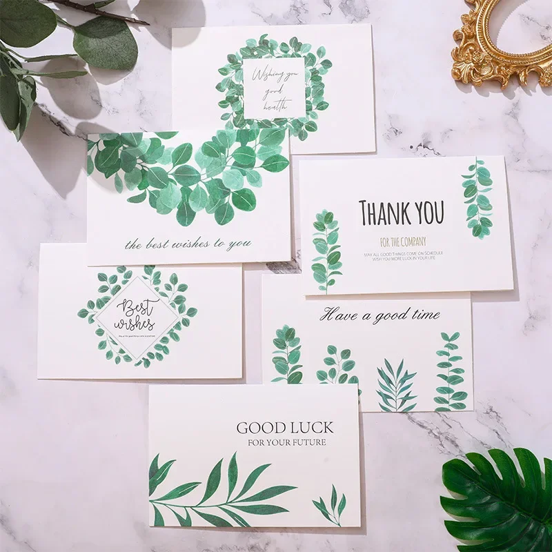 Cartes de voeux de remerciement en cuir chevelu vert, carte de message simple et fraîche, carte d'anniversaire de Thanksgiving, décoration cadeau, ensemble de 6 feuilles