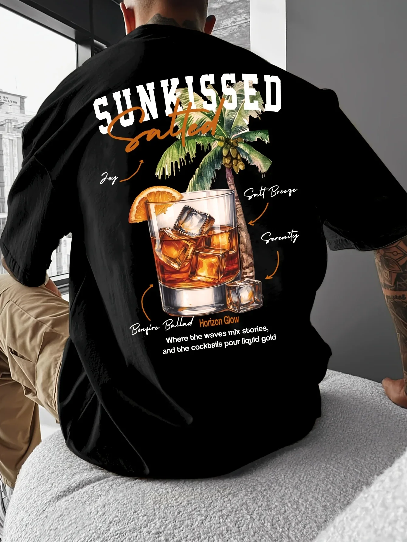 Summer Men's Round-neck Cotton T-shirt - American Retro Coconut and Cocktail Pattern Comfortable and Breathable Top