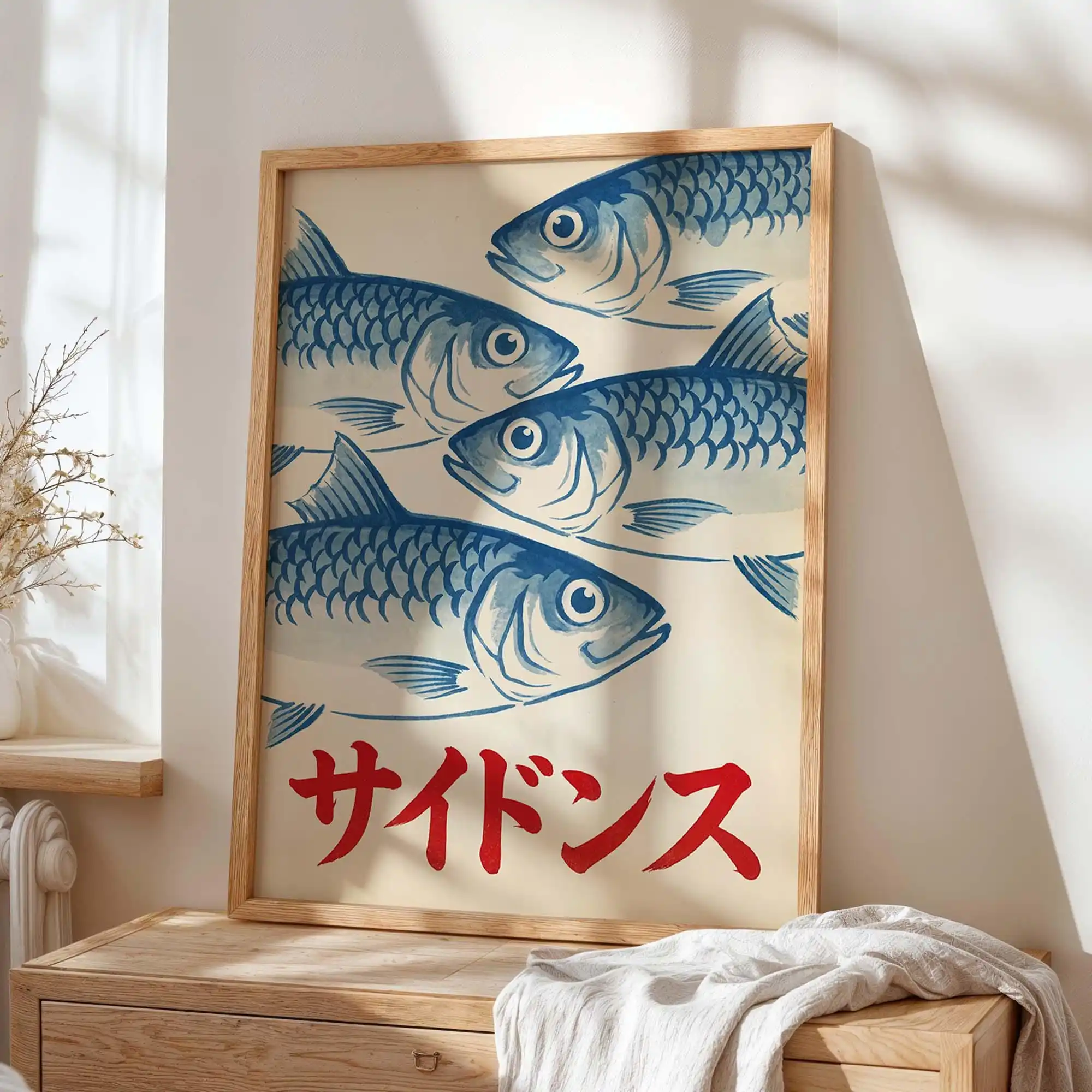 Retro Japanese Sardines Fish Canvas Wall Art - Vintage Fish Market Canvas Poster Blue Coastal Poster for Kitchen Decorations