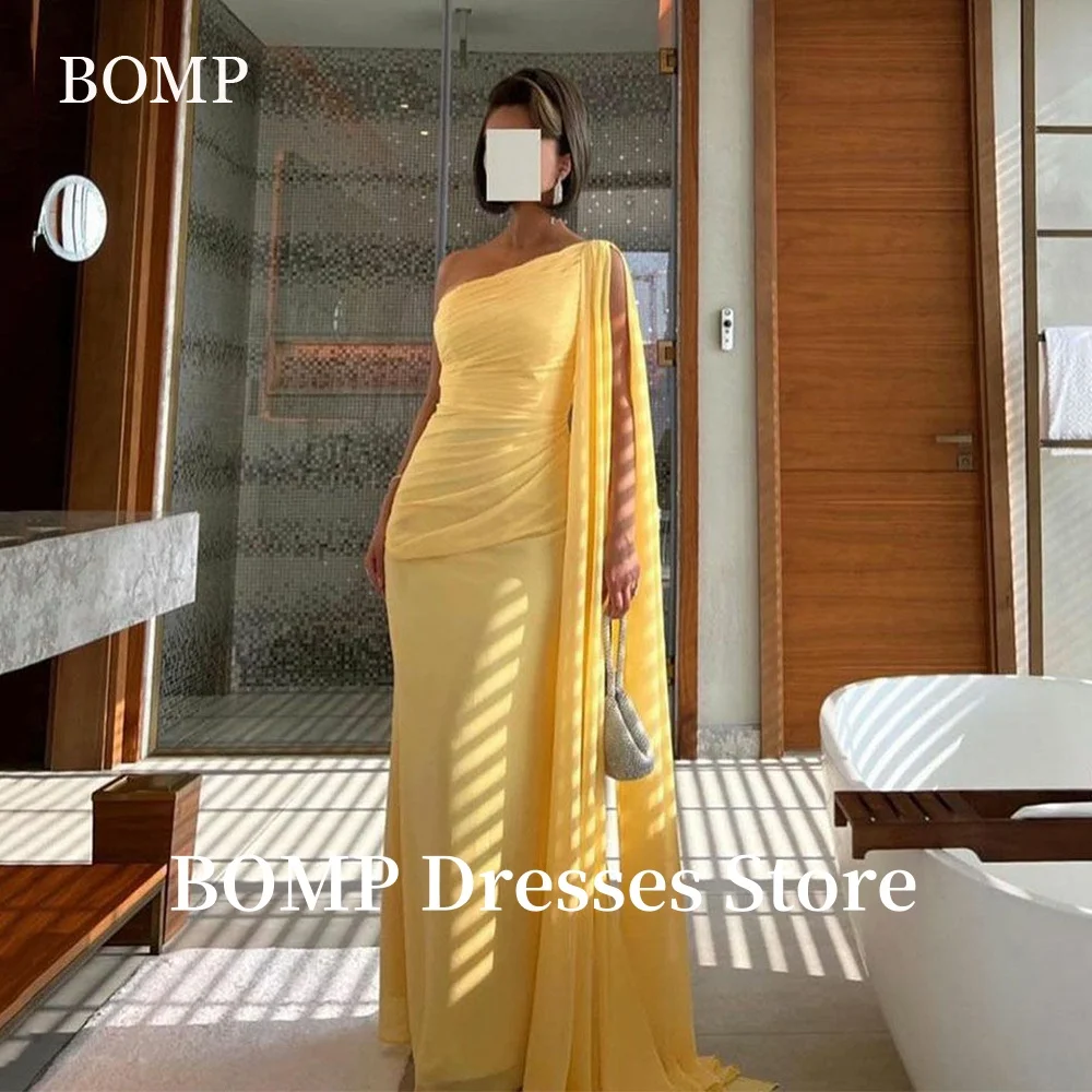 

BOMP Yellow Evening Dresses One Shoulder Long Sleeves Mermaid Wedding Party Dress Prom Gowns for Woman Saudi Arabia Customized