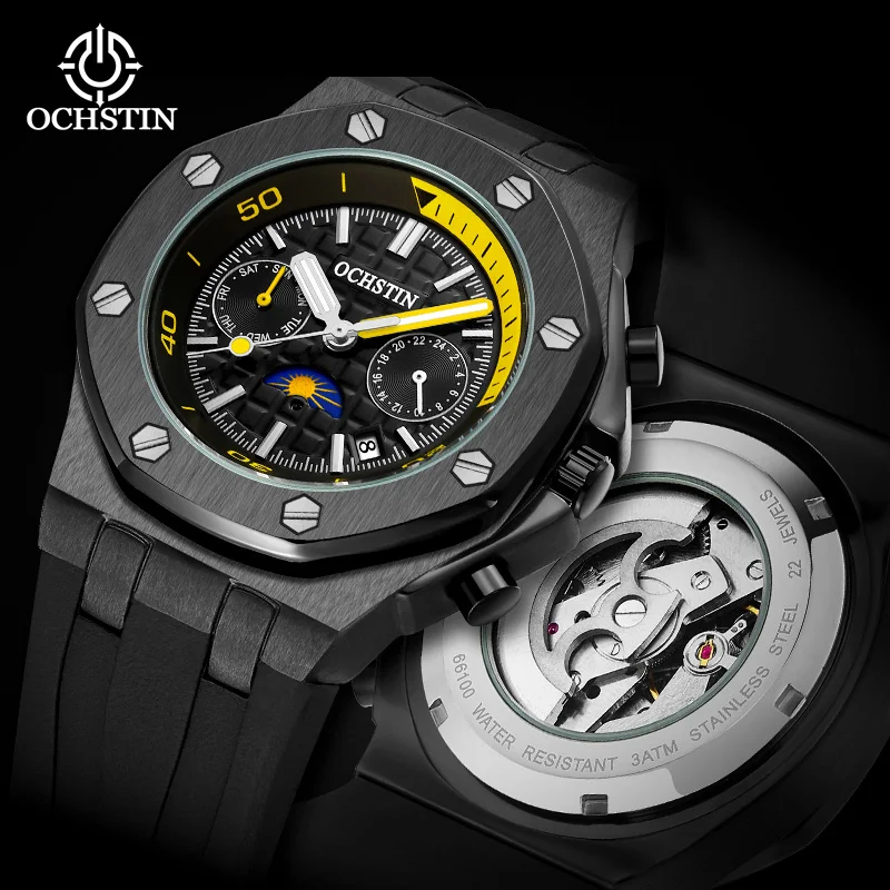 

Автоматические мужские часы OCHSTIN, роскошные дизайнерские часы с восьмиугольным безелем, механический циферблат с датой, светящийся циферблат, модные мужские спортивные наручные часы
