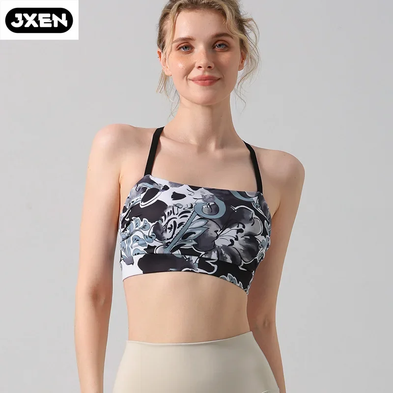 Terno de ioga impresso JXEN para mulheres, crop top, à prova de choque, beleza sutiã pad, esporte