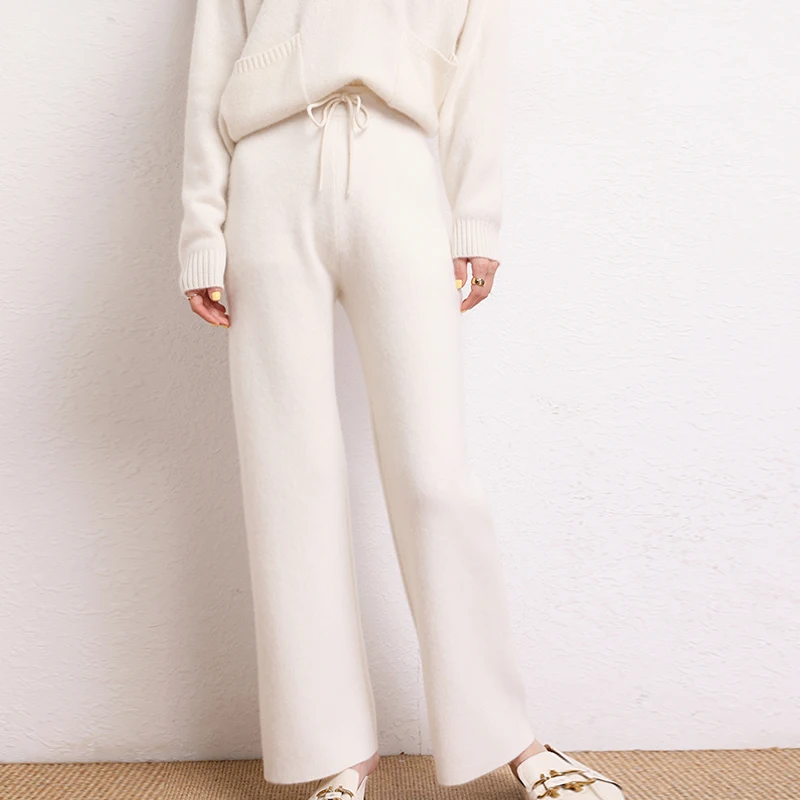 2024 Winter 100% Cashmere Pants Women Wide Leg Pants Knitting Pants Autumn Soft Warm Trousers For Female