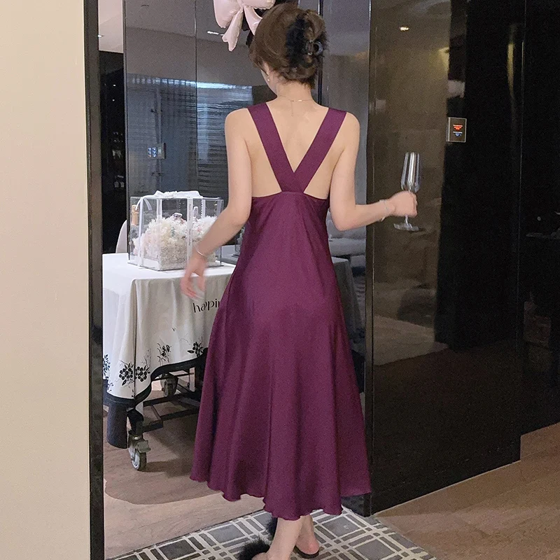 

DAIMELU summer with chest pad pajamas ice silk long nightdress French elegant purple hollow romantic sleepwear lady Nightgowns