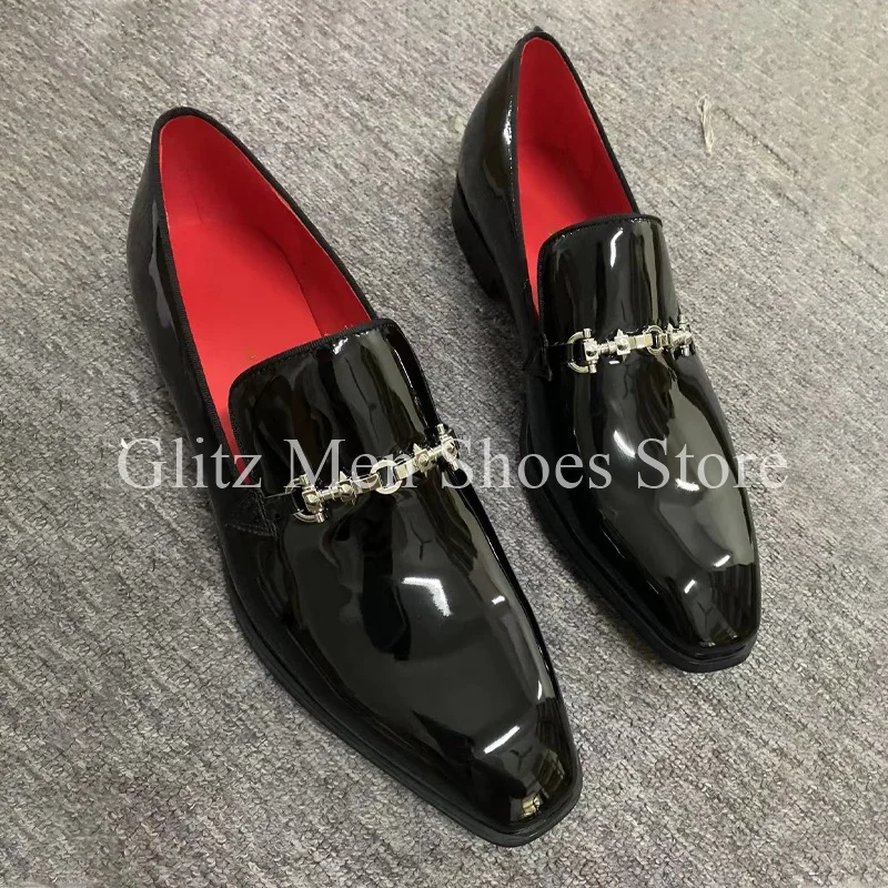 Chain Patent Leather Shoes Small Square Toe Loafers Business Dress Men's Casual Leather Shoes Spring Summer Formal Wedding Shoes