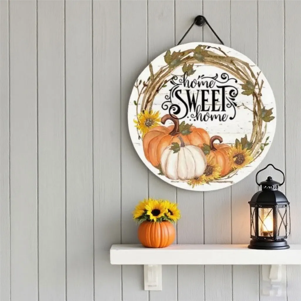 Herbstdekorationen, 2D-flache bunte Blumen, Kürbismuster, Holzschild, Halloween, zum Aufhängen, für Tür, Wand, Zuhause, Thanksgiving-Geschenke