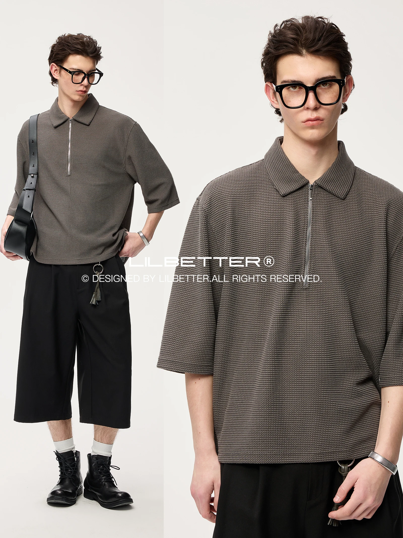 Lilbetter Embroidered Texture Half Zip Short Sleeve  Shirt Summer Turn Collar Front Short Back Long Seven Sleeve T Shirt