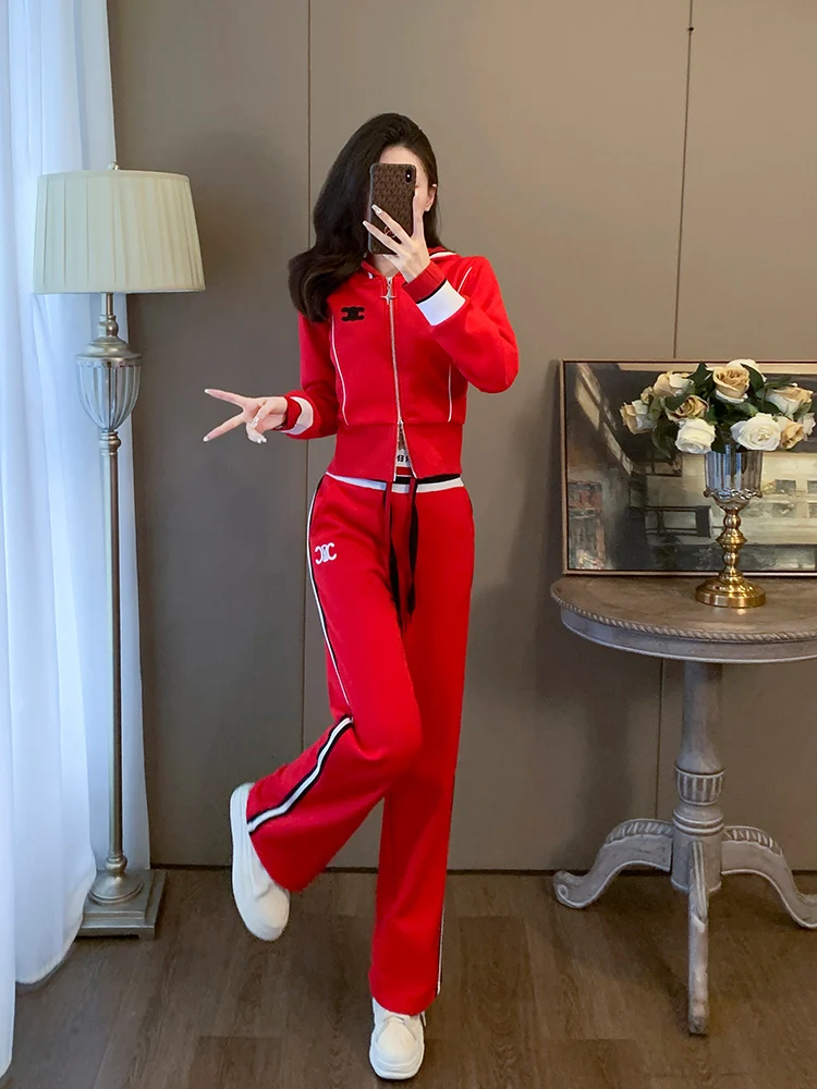 New Red and pink women's casual suit stylish and youthful sportswear casual zipper jacket two-piece set long pants boyfriend 2XL