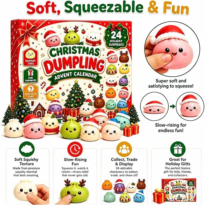 In Stock 24 Pcs Christmas Mini Dumpling Squishy Toy Soft TPR Mochi Squeeze Stress Relief Fidget Toy Advent Calendar Xmas Gift