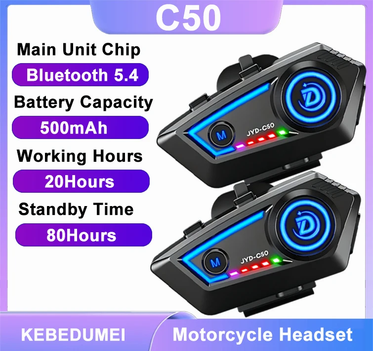 C50 New Motorcycle Helmet Headset Stereo Bluetooth 5.4 Hands Free Call IP67 Waterproof With Colorful Ambient Light