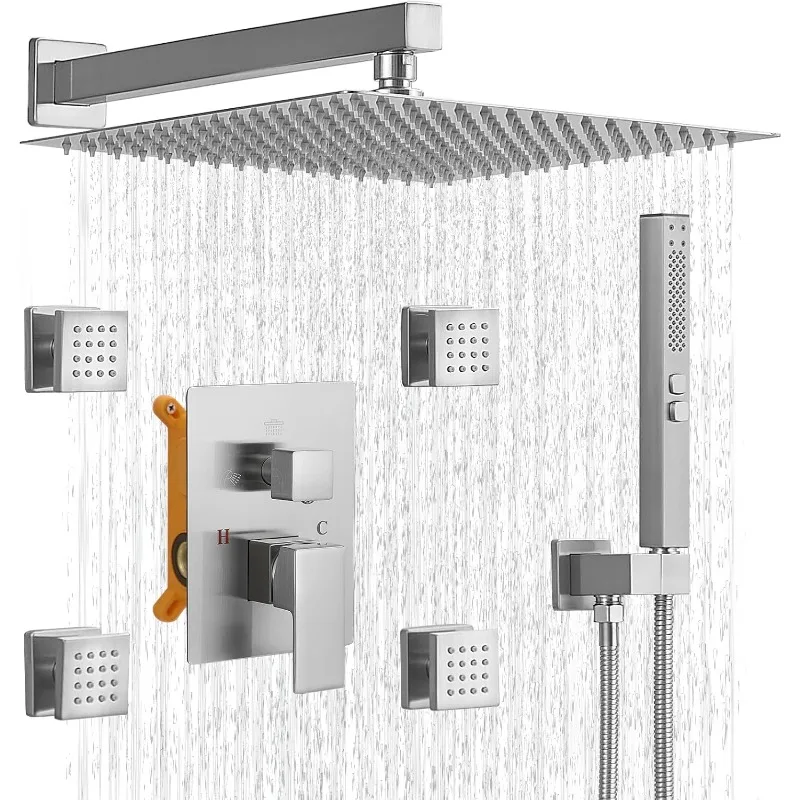 RUMOSE Shower System with 4 Body Jets Wall Mounted 4 Mode Shower Faucet Set w/ 12Inch Rain Shower Head and 2 in 1 Handheld Spray