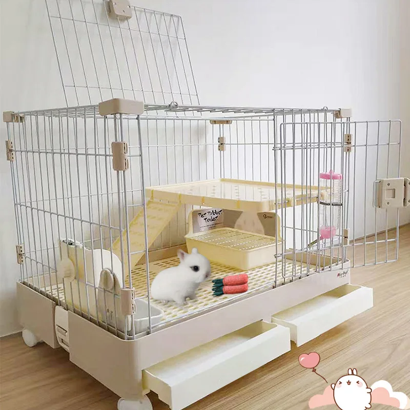 

Factory Directly Wholesale Luxury High Quality PP Plastic Steel Metal Iron Wire Double Tray Pet Dog Cat Rabbit Cage with Wheels
