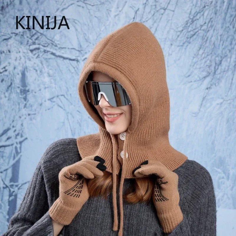 2pc Women Knitted Balaclava Hat Winter Warm Ear Protection Knitted Gloves Hat Set Women Shawl Hooded Hoodie Fake Collar