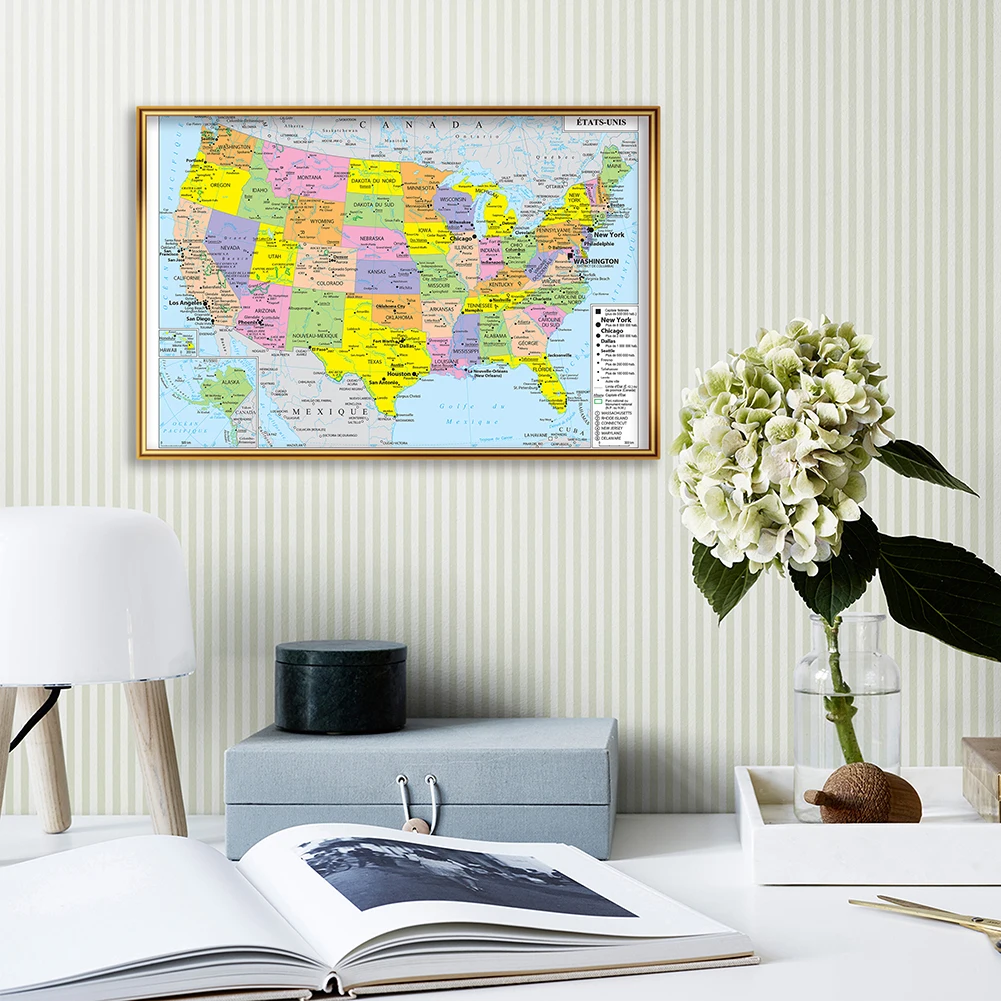 Mapa de los Estados Unidos con detalles en francés, póster de arte de pared, pintura en lienzo, suministros escolares de oficina, decoración del hogar, 59x42cm