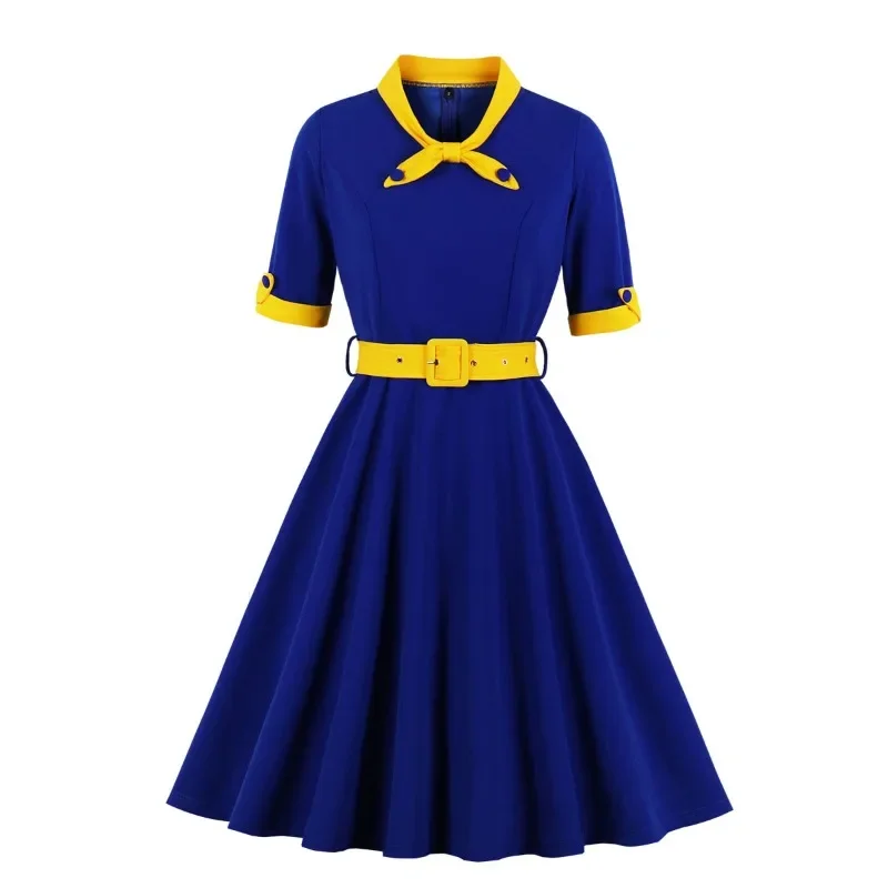 

2024 New Hepburn Contrast Bow Neck and Cuff Vintage Swing Dress Women Half Sleeve Autumn Winter Retro Belted Flare Swing Dresses