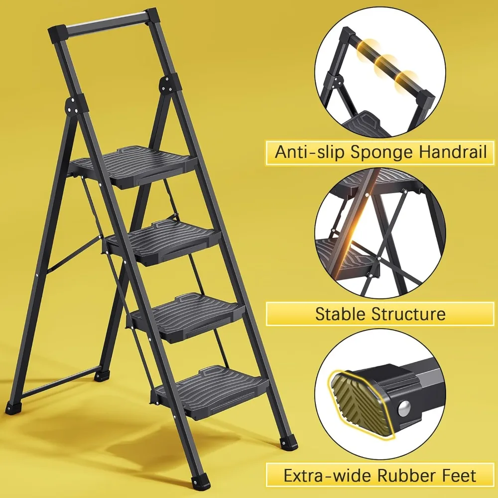 Tangga Lipat 4 Langkah, Tangga 4 Langkah dengan Kapasitas 900lbs, Pedal Lebar Anti-Selip dan Pegangan, Tangga Rumah Tangga Ringan