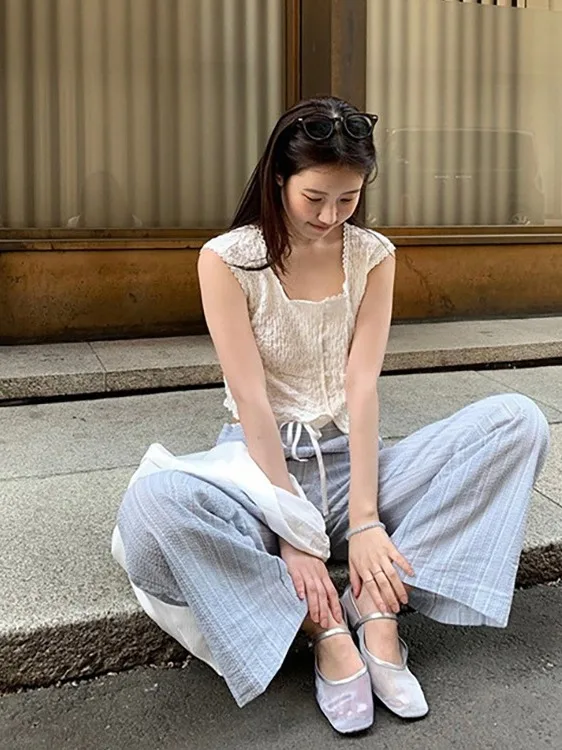 Korean Sle Casual Pants Women's New Vintage Lazy Loose Waist Faionable Anti-Aging Long Trousers High Waist Wide Leg