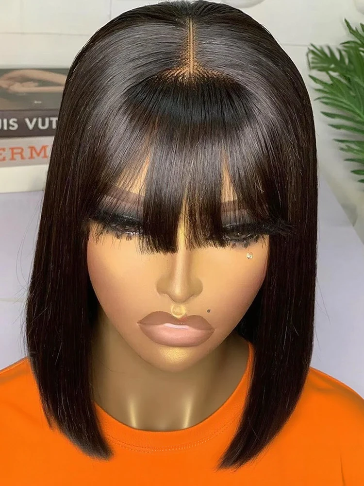 

Middle Part Lace Wig Bob Wigs Full Machine Made Bone Straight Human Hair Wigs With Bangs Short Bob Human Hair Wigs For Women