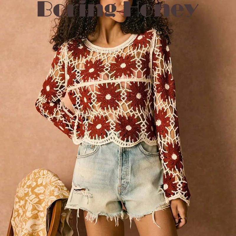 

Boring Honey Hollow Off-The-Shoulder Long-Sleeved Sweater Jacket Autumn New Fashion Crochet Flowers High Sense T-Shirt Women's