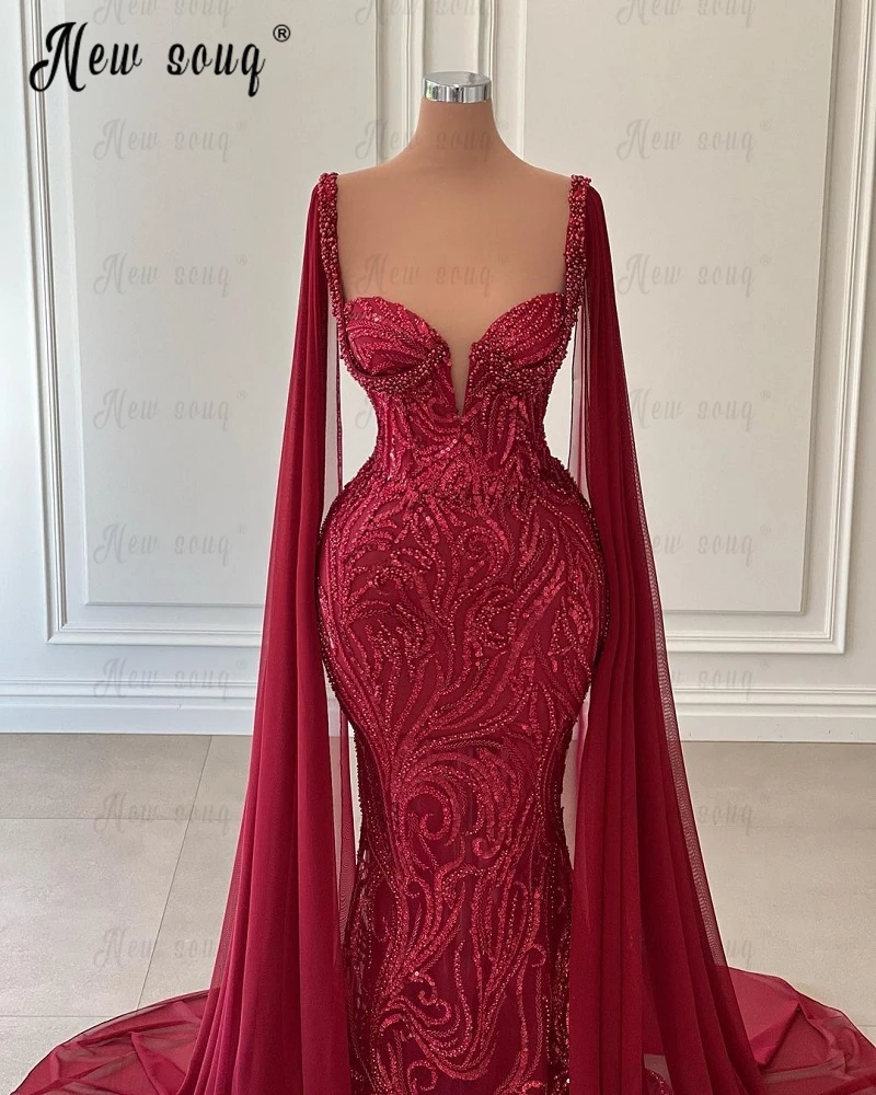 Vestido de fiesta rojo de manga larga con capa de lujo para mujer, vestido de Ceremonia de boda con cuentas completas, vestido de noche Formal impresionante, vestido de cena