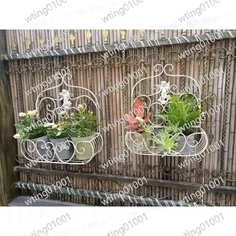 Retro Wrought Iron Wall Hanging Flower Basket Set American Country Style Love Angel Design Home Decor Plant Holder Stand