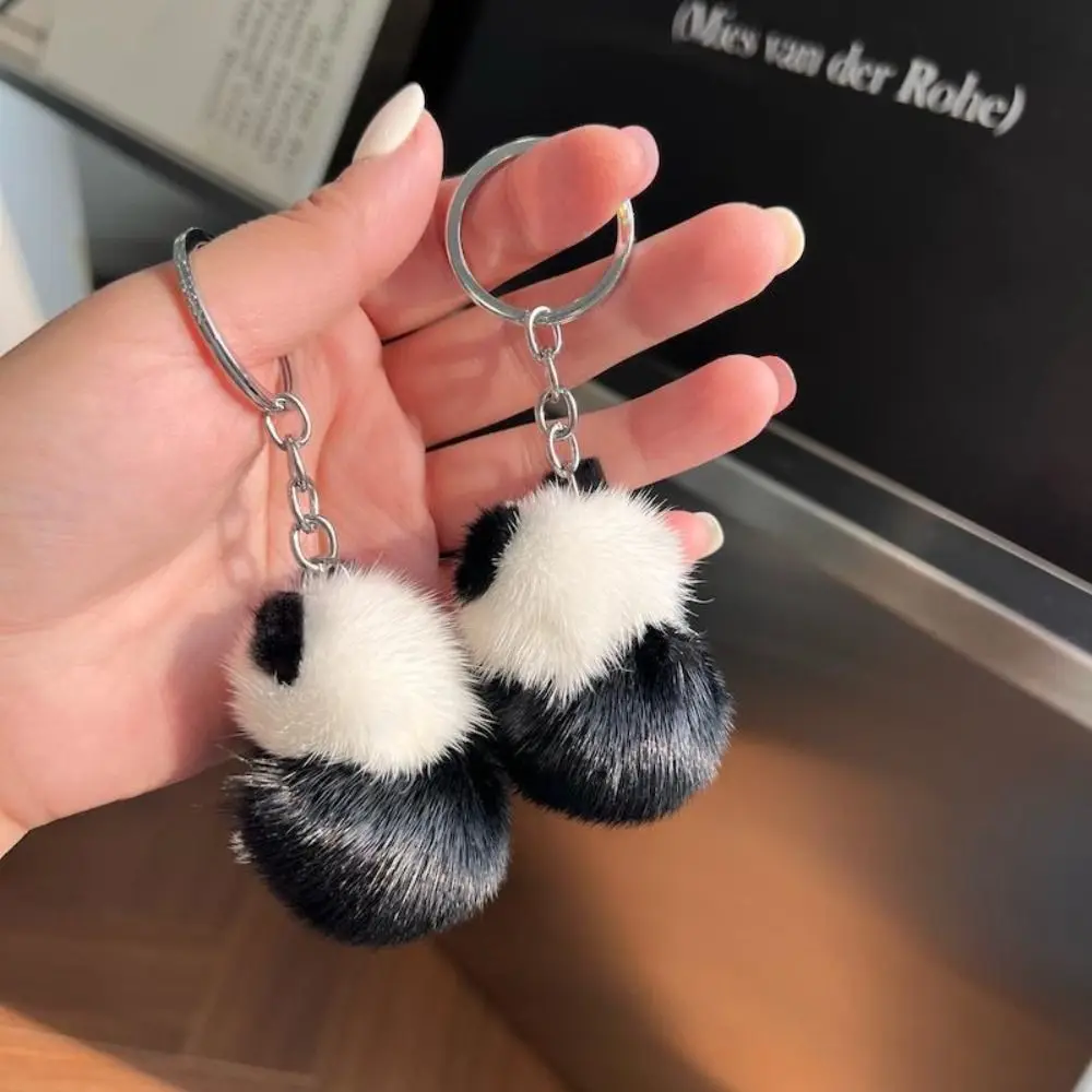 Funny Soft Mink Fur Panda Keychain Korean Style Black Mini Mink Pendant Cute White Mink Keyring Bag Pendant