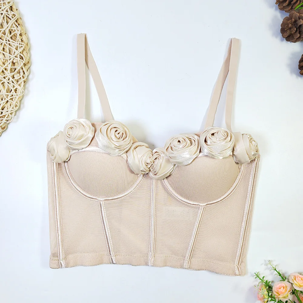 

Sweet Floral Mesh Crop Top Bra Cami Корейский бюстье с косточками Корсет Y2k High Street Party Club Сексуальные тонкие топы на бретелях Женский французский жилет