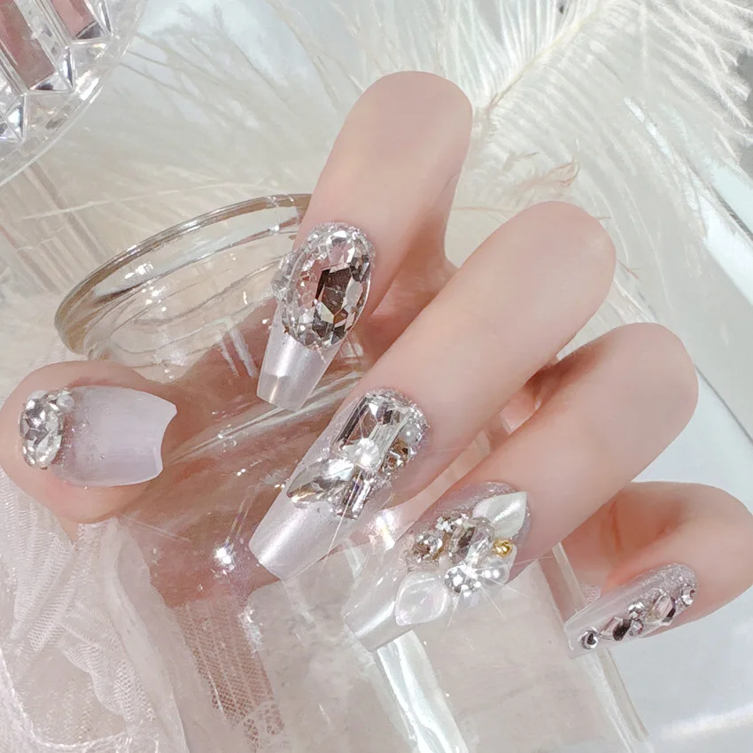 24pcs Handmade high-end pure lust style false nails, diamond sparkle, unique design fake nails