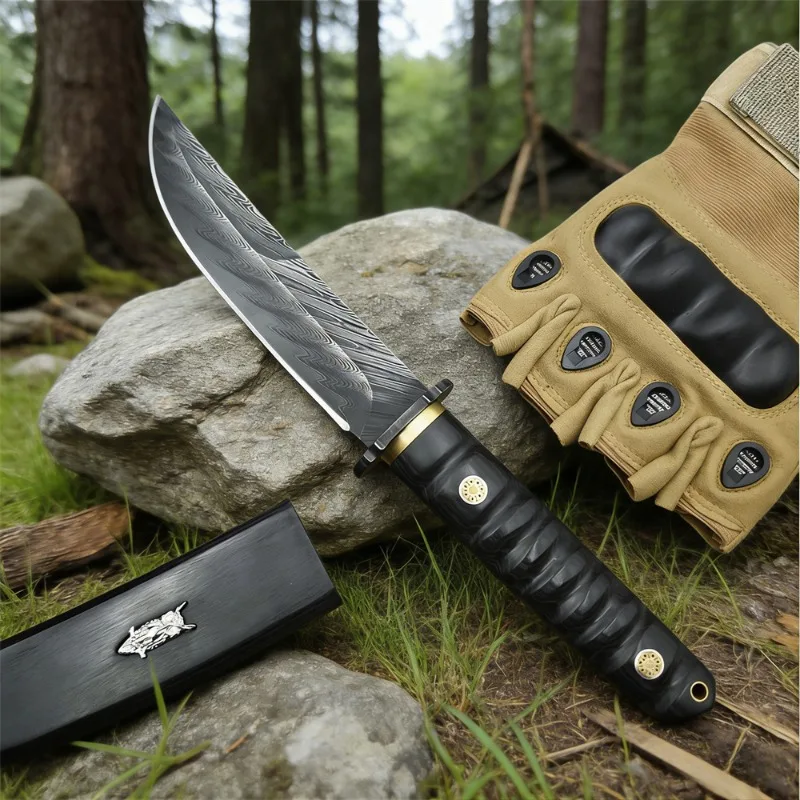 高硬度-vg10-ダマスカスブレード黒檀ハンドル戦術狩猟ナイフ自己防衛屋外キャンプナイフポータブル-edc-ツール