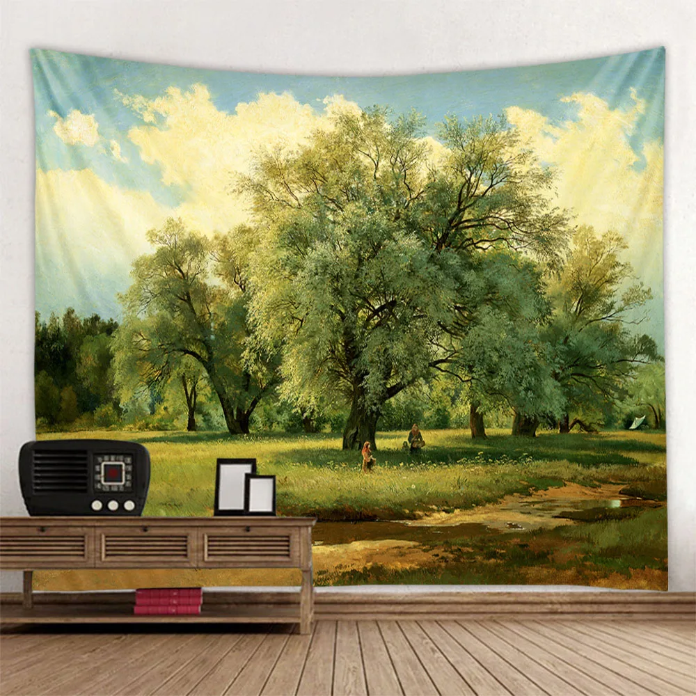 European retro countryside oil painting tapestry polyester wall hanging cloth personalized decoration living room home aesthetic