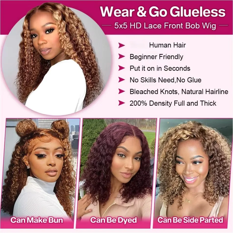Highlight Ombre Bob Wig Human Hair Curly Short 5X5 Hd Lace Closure Wig Honey Blonde P427 Colored Glueless Deep Wave Frontal Wigs image 4