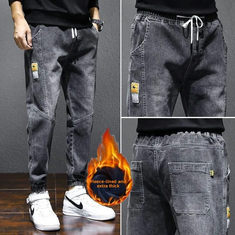 

Men's Faionable Denim Jeans Thiened Fce Loose Straight Leg Harlan Pants Casual Winter Long Trousers Youth Sle