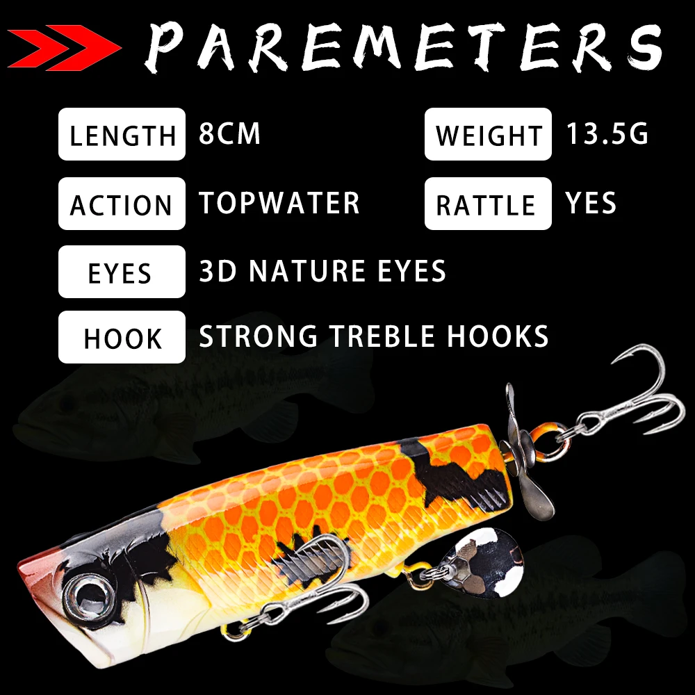 Dr.Holife 1PCS Popper Bait 8CM 13.5G Artificial Hard Bait Plastic Popper Fishing Lure Saltwater Topwater Baits Popper Lures