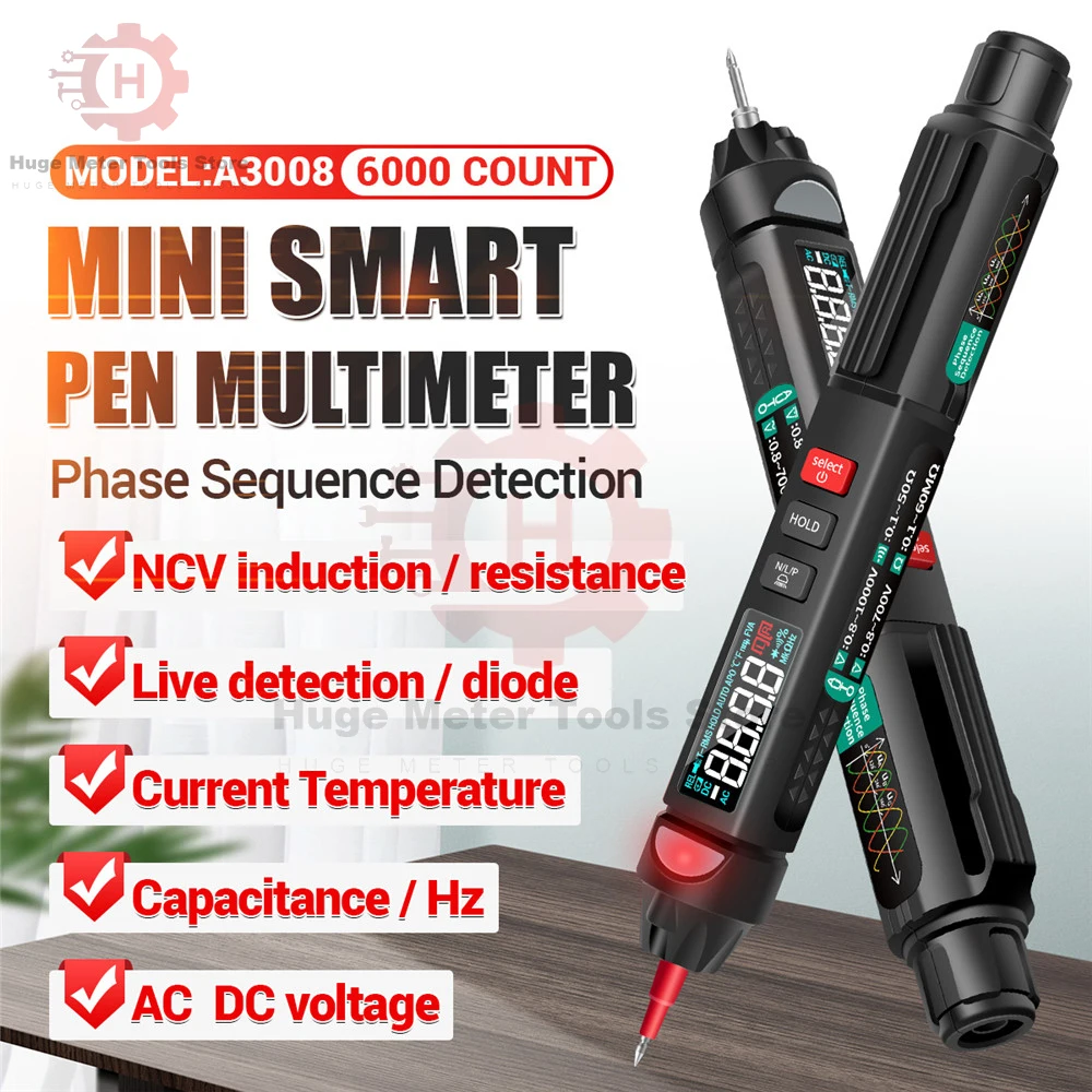 

A3008 Digital Multimeter Auto Intelligent Sensor Pen Tester 6000 Counts NonContact Voltage Meter Multimetre Professional Tester