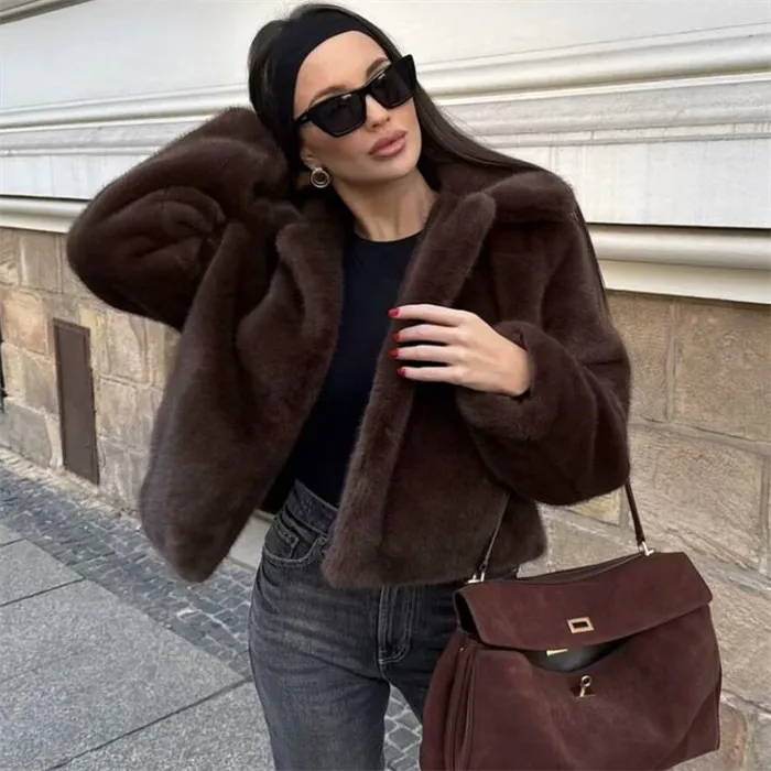 

Fashionable Short Fur Coat Jacket Women's Outerwear Warm Long Sleeve Pure Color Casual Versatile Chinese Made Coat