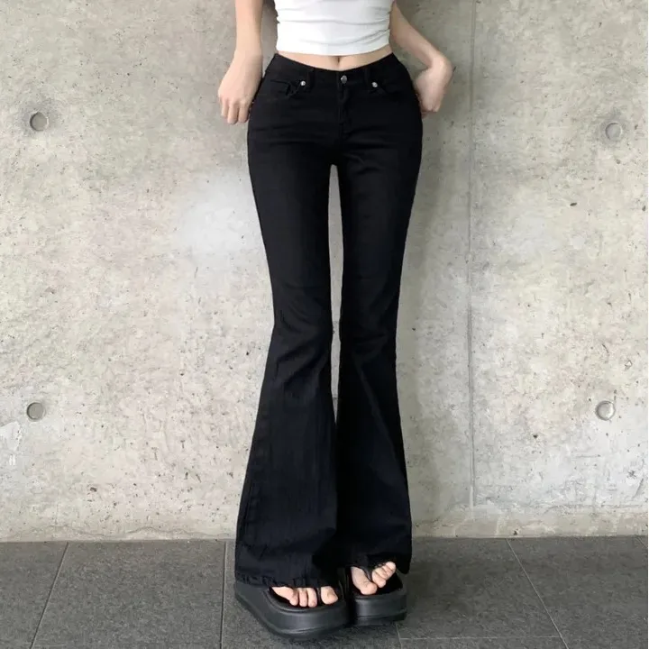 Low Waist Retro Stretchy Slimming Women's Jeans Bell Bottoms Hip Enhancing Cotton Denim Pants mid Stretch Pure Color